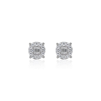 Round 7mm moissanite cluster earrings with halo diamonds in sterling silver, reflective view.