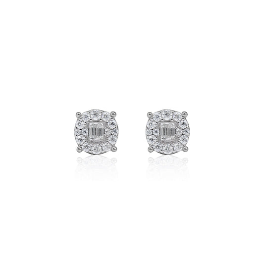 Round 7mm moissanite cluster earrings with halo diamonds in sterling silver, reflective view.