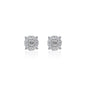 Round 7mm moissanite cluster earrings with halo diamonds in sterling silver, reflective view.
