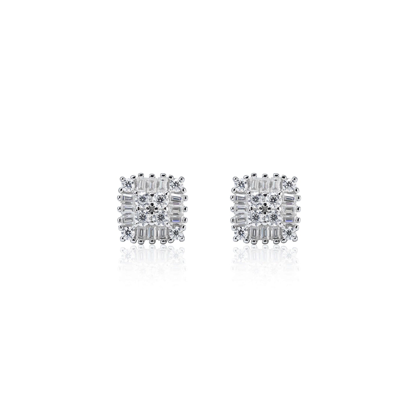 7mm square moissanite cluster earrings in silver with sparkling 0.71ct diamond studs.