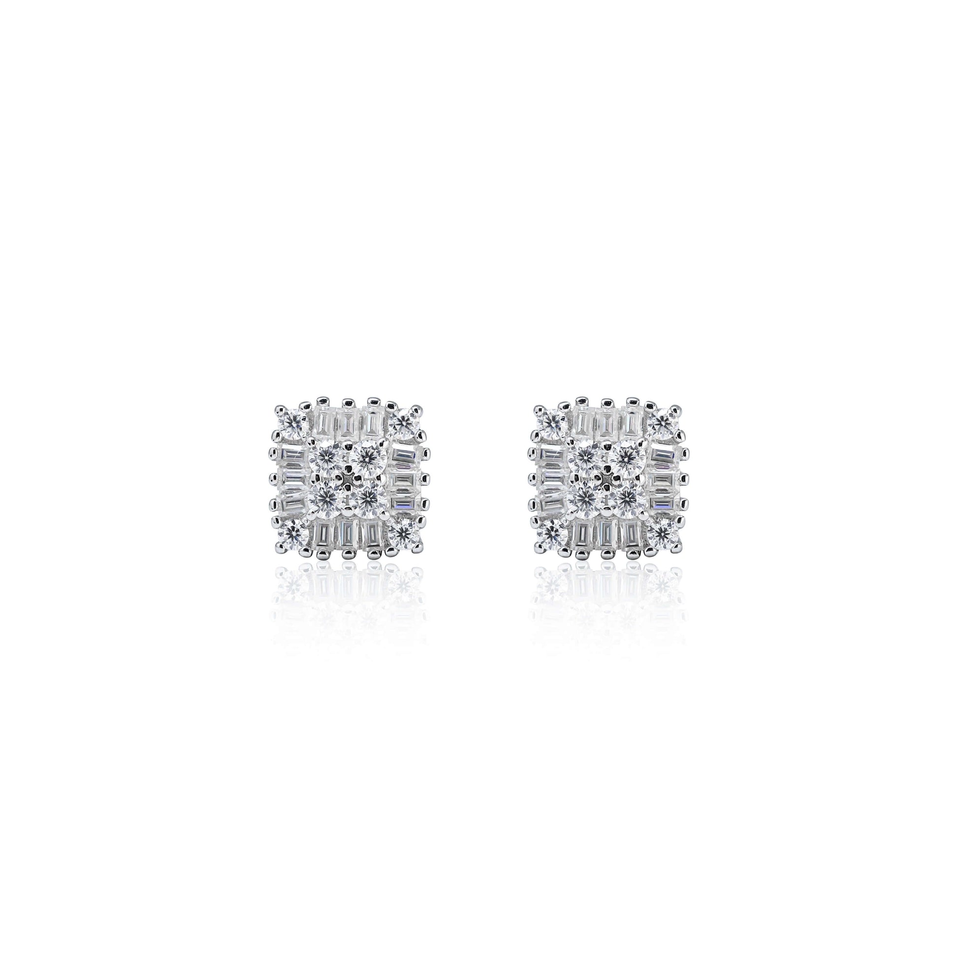 7mm square moissanite cluster earrings in silver with sparkling 0.71ct diamond studs.