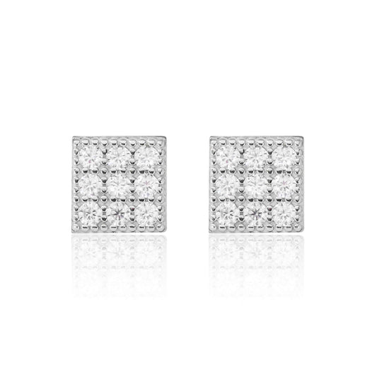 7mm square moissanite cluster earrings in sterling silver with pavé diamond grid design.