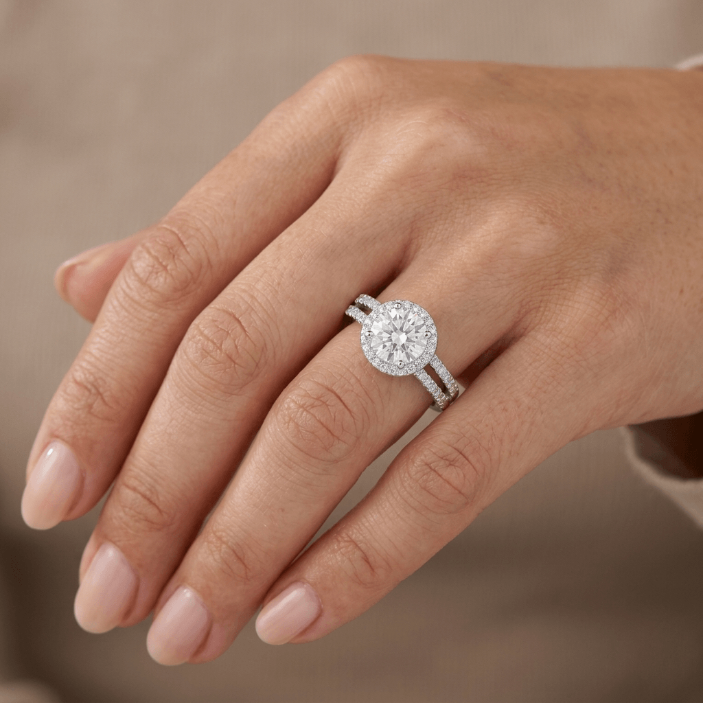 Iced Out 1.42ct Moissanite Round Halo Split Shank Ring in Premium Sterling Silver