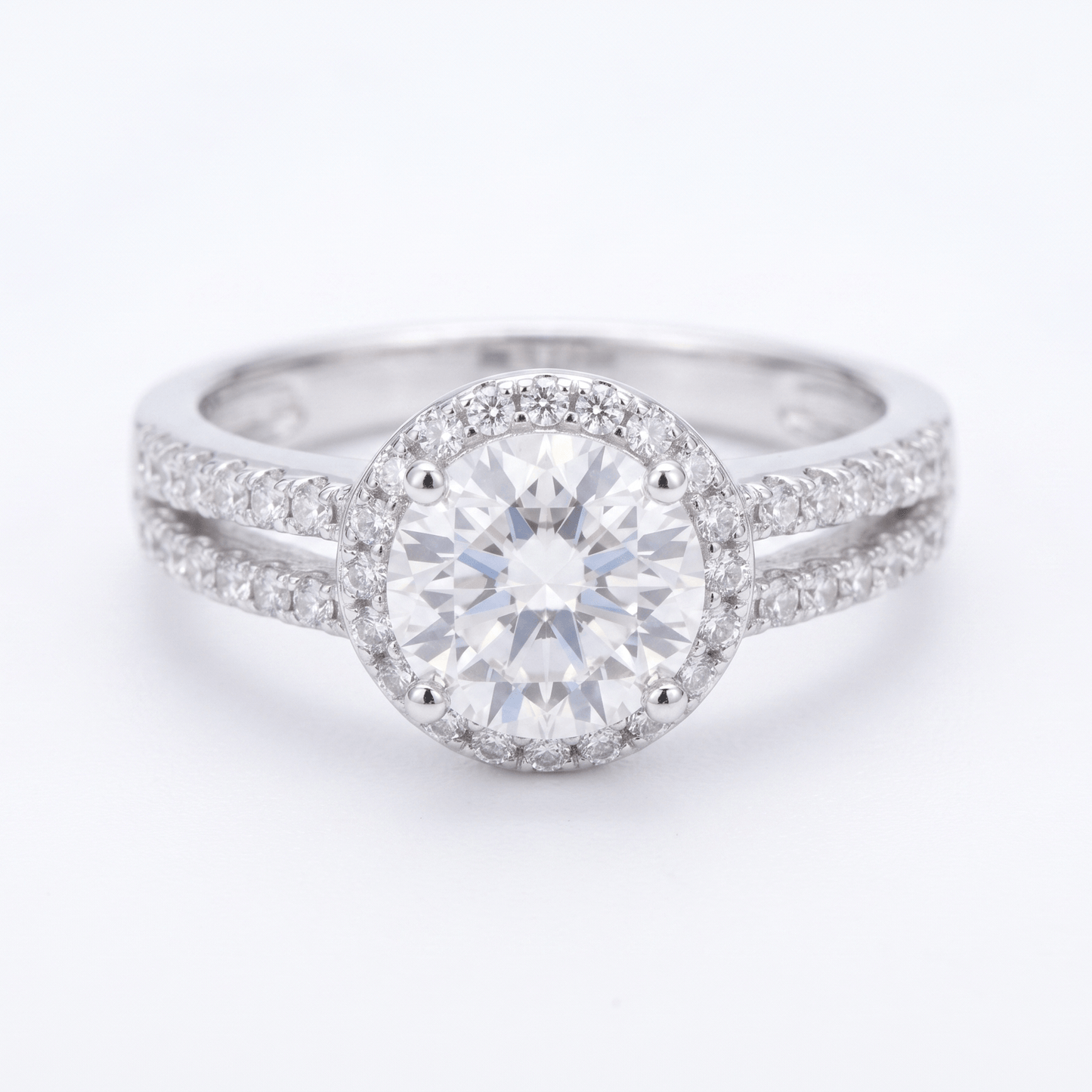 Iced Out 1.42ct Moissanite Round Halo Split Shank Ring in Premium Sterling Silver