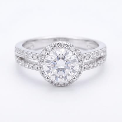 Iced Out 1.42ct Moissanite Round Halo Split Shank Ring in Premium Sterling Silver