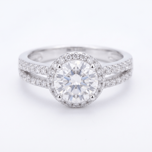 Iced Out 1.42ct Moissanite Round Halo Split Shank Ring in Premium Sterling Silver