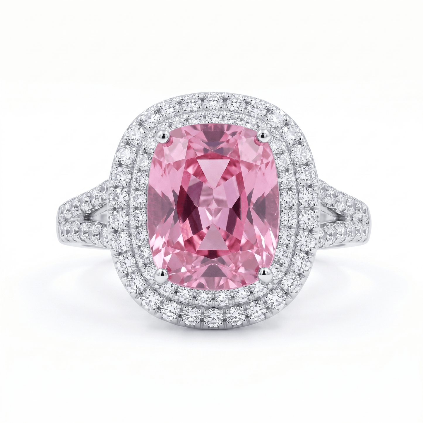 Iced Out 3.92CT Moissanite Cushion Cut Pink Stone Split Shank Ring in Premium Sterling Silver