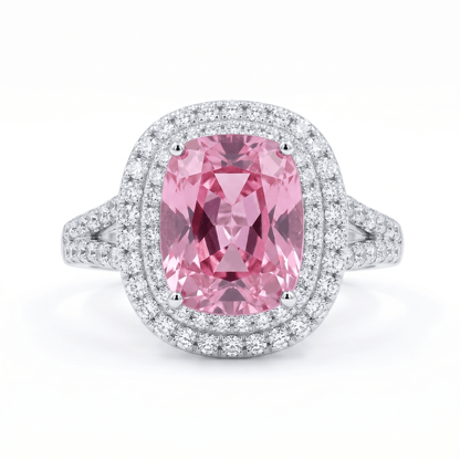 Iced Out 3.92CT Moissanite Cushion Cut Pink Stone Split Shank Ring in Premium Sterling Silver