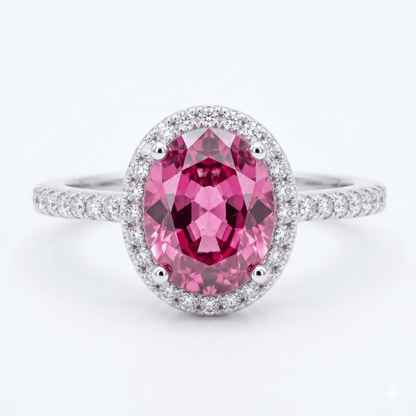Iced Out 2.26CT Moissanite Oval Cut Pink Stone Halo Ring in Premium Sterling Silver