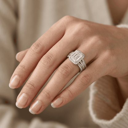 Iced Out 1.38ct Moissanite Emerald Cut Halo Ring in Premium Sterling Silver