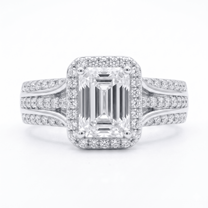 Iced Out 1.38ct Moissanite Emerald Cut Halo Ring in Premium Sterling Silver