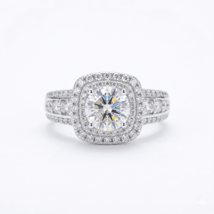 Iced Out 1.92ct Moissanite Cushion Cut Double Halo Ring in Premium Sterling Silver