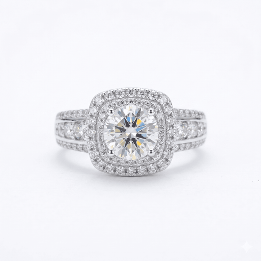 Iced Out 1.92ct Moissanite Cushion Cut Double Halo Ring in Premium Sterling Silver