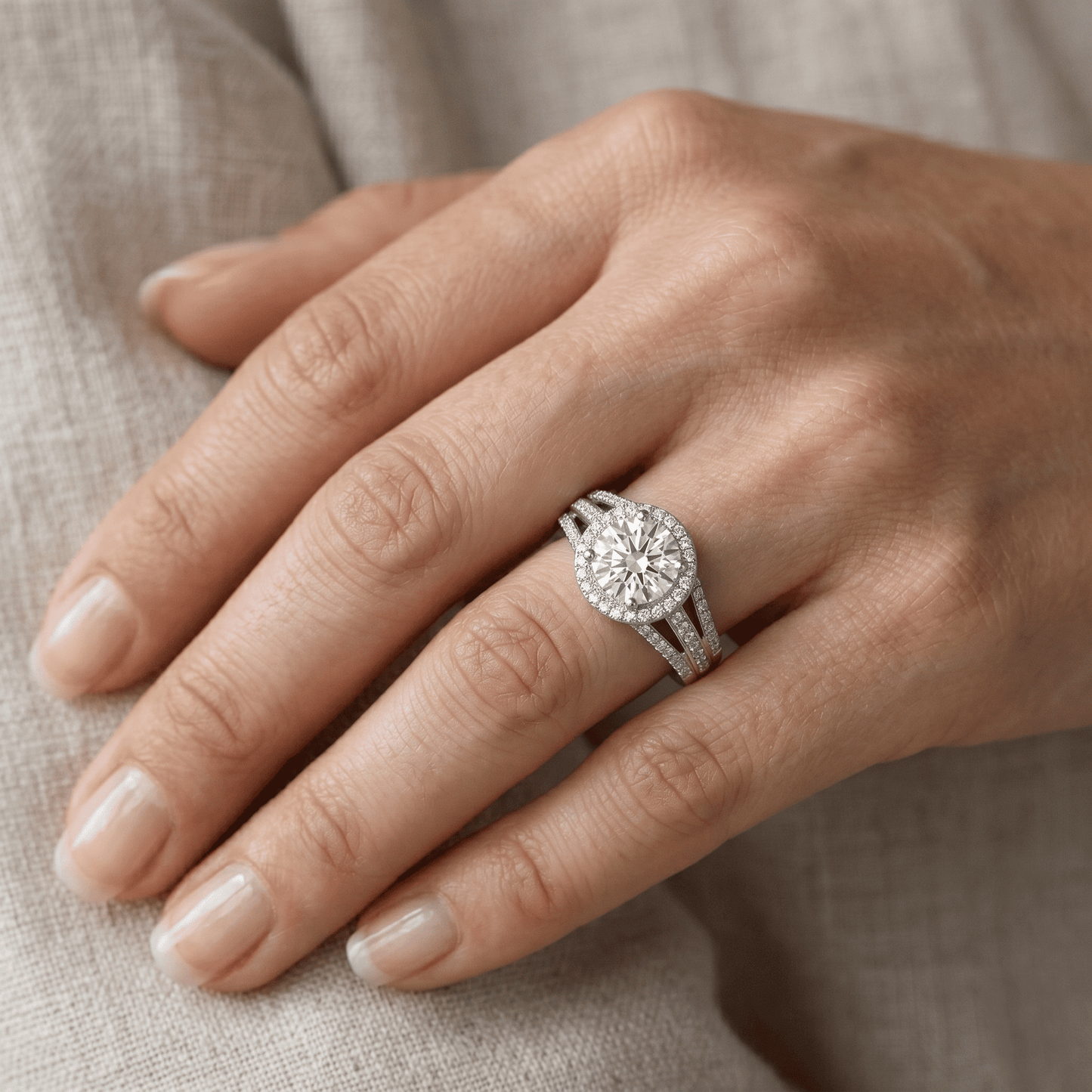 Iced Out 2.57CT Moissanite Round Halo Split Shank Ring in Premium Sterling Silver