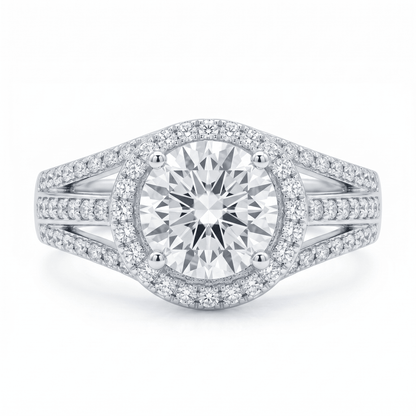 Iced Out 2.57CT Moissanite Round Halo Split Shank Ring in Premium Sterling Silver