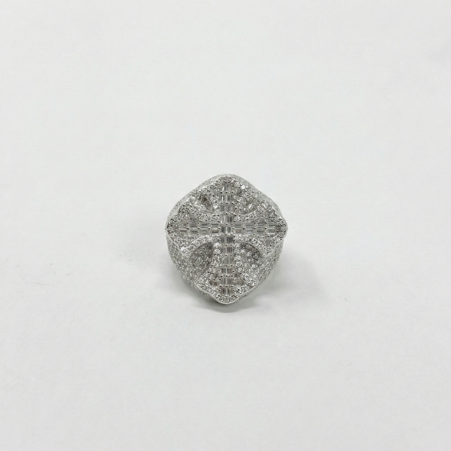 Iced Out 6.28CT Moissanite Flared Baguette Cross Ring in Premium Sterling Silver