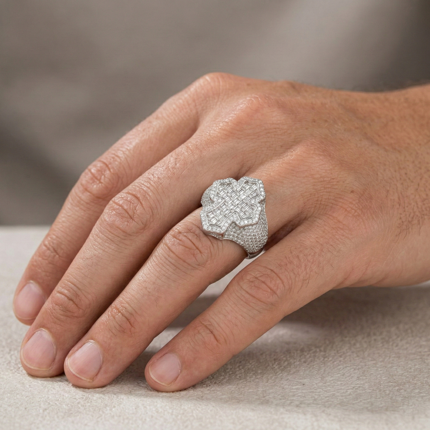 Iced Out 6.71CT Moissanite Flared Baguette Cross Ring in Premium Sterling Silver
