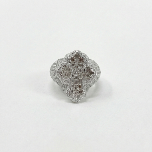 Iced Out 6.71CT Moissanite Flared Baguette Cross Ring in Premium Sterling Silver