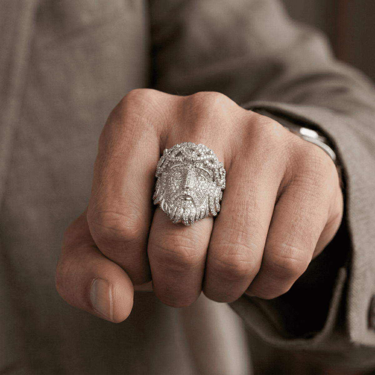 Iced Out 4.6CT Moissanite Jesus Head Ring in Premium Sterling Silver