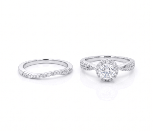 Iced Out 2 Piece Round Cut 0.85CT Moissanite Halo Ring Set in Premium Sterling Silver