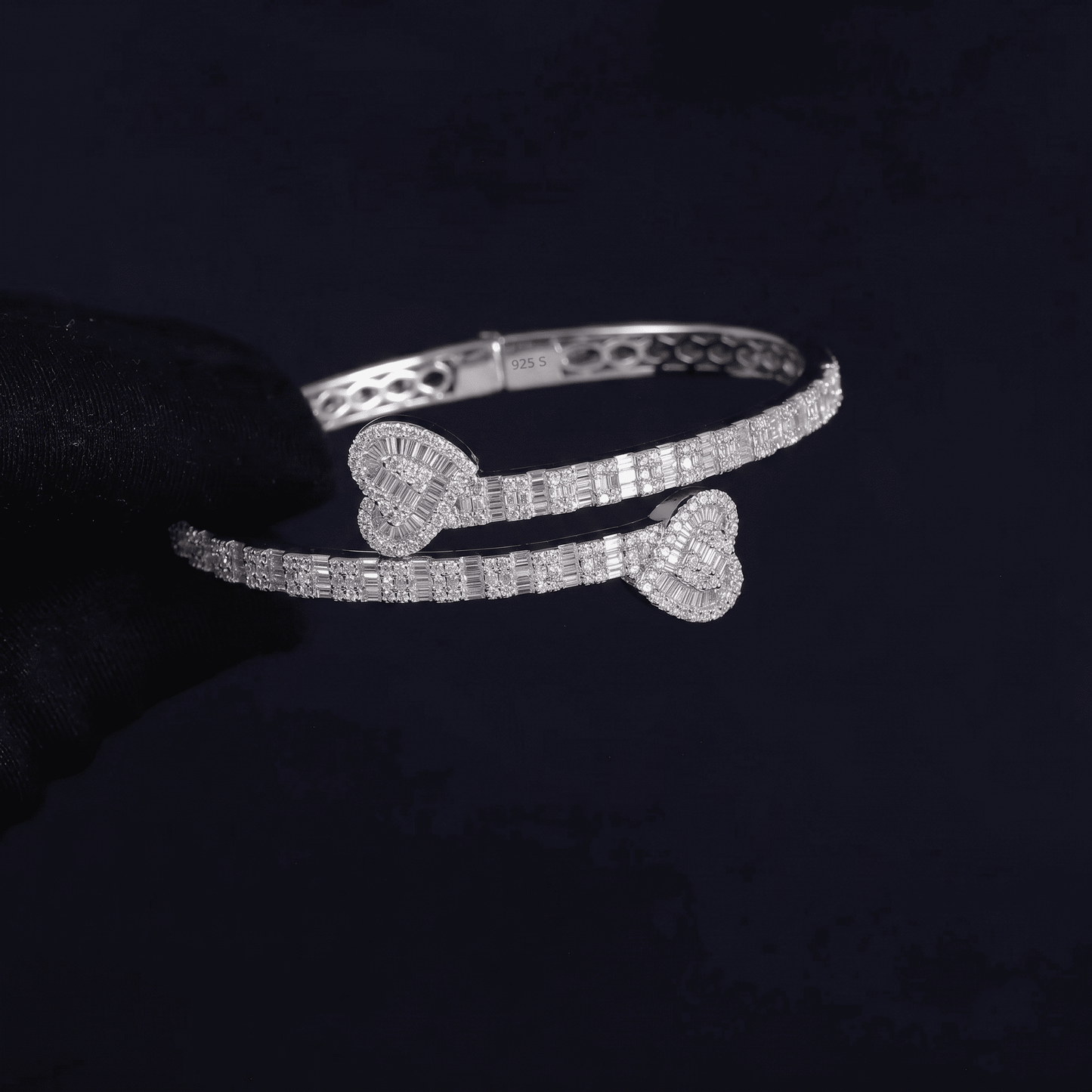 Iced Out 4.36CT Moissanite Baguette Heart Open Cuff Bangle in Premium Sterling Silver