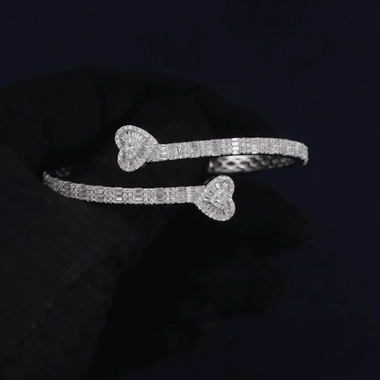 Iced Out 4.36CT Moissanite Baguette Heart Open Cuff Bangle in Premium Sterling Silver