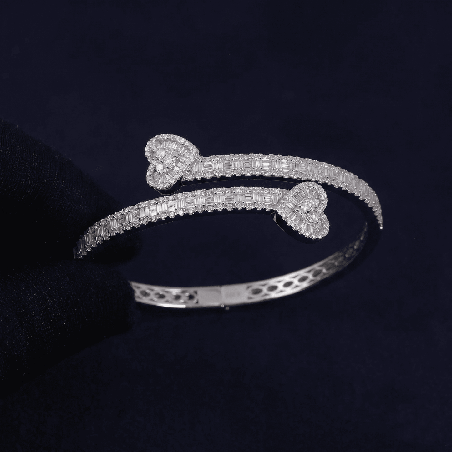 Iced Out 4.36CT Moissanite Baguette Heart Open Cuff Bangle in Premium Sterling Silver