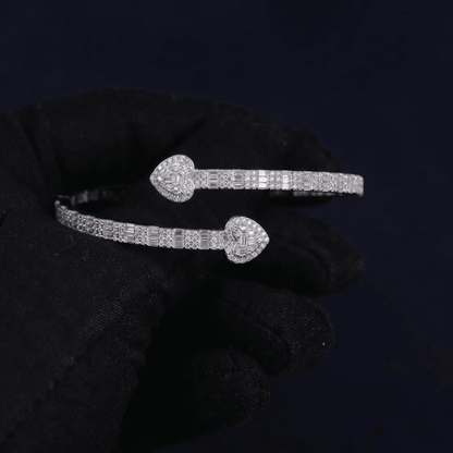 Iced Out 3.26CT Moissanite Baguette Heart Open Cuff Bangle in Premium Sterling Silver