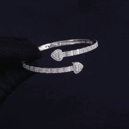 Iced Out 3.26CT Moissanite Baguette Heart Open Cuff Bangle in Premium Sterling Silver