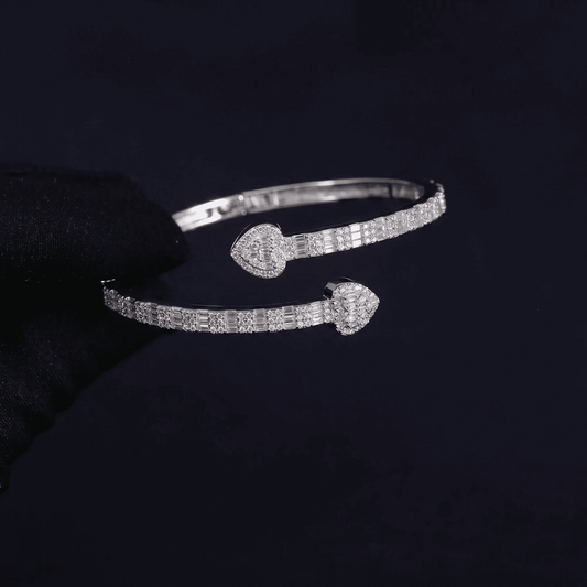 Iced Out 3.26CT Moissanite Baguette Heart Open Cuff Bangle in Premium Sterling Silver