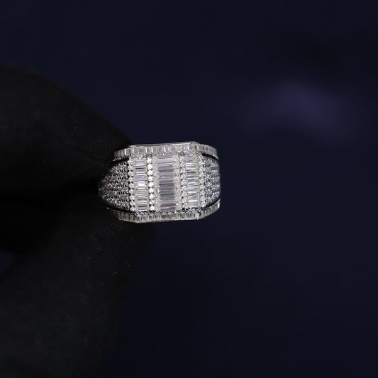 Diamond ring with baguette and round cut stones on a black background