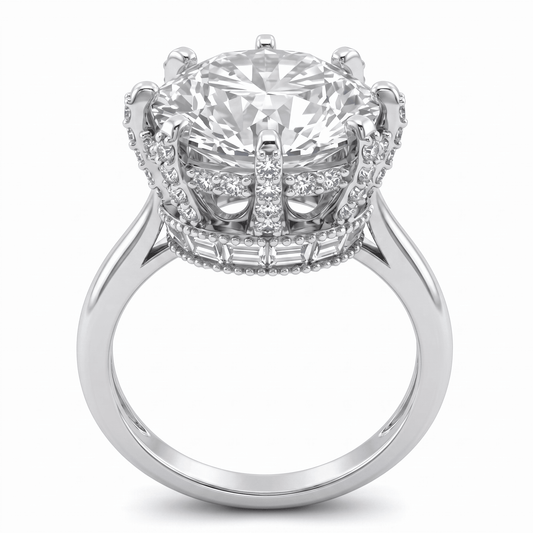 Iced Out 4.23CT Moissanite Round & Baguette Cut Crown Halo Ring
