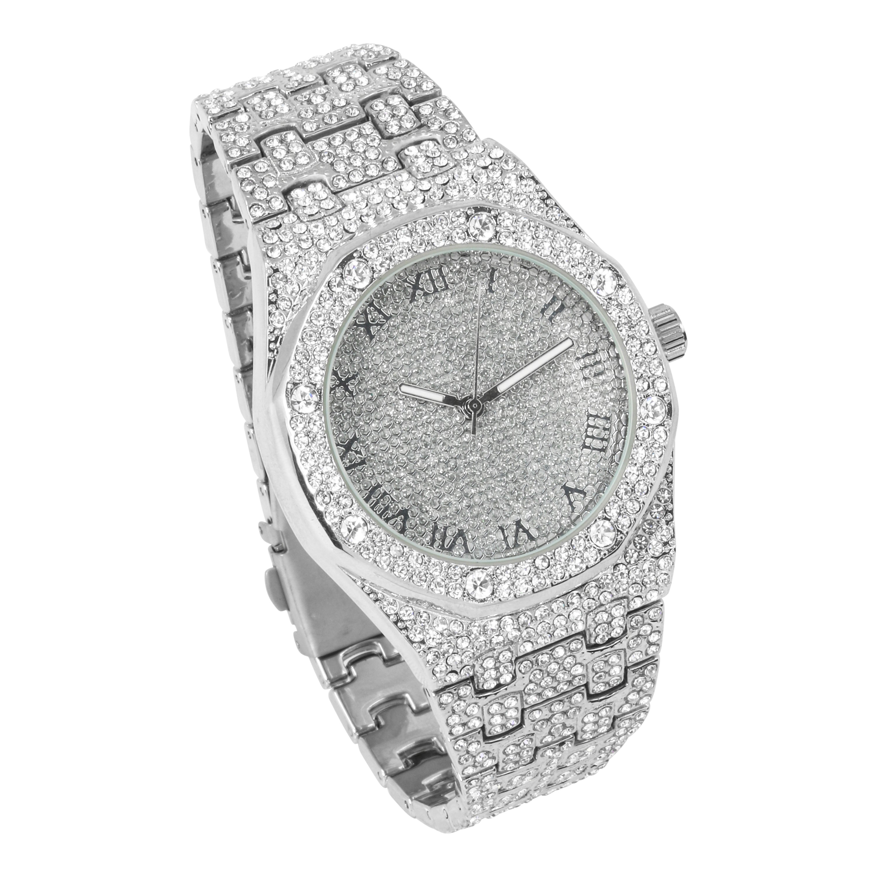 Men's 40mm Silver Octagon Bezel - "Fully Iced Out Watch"