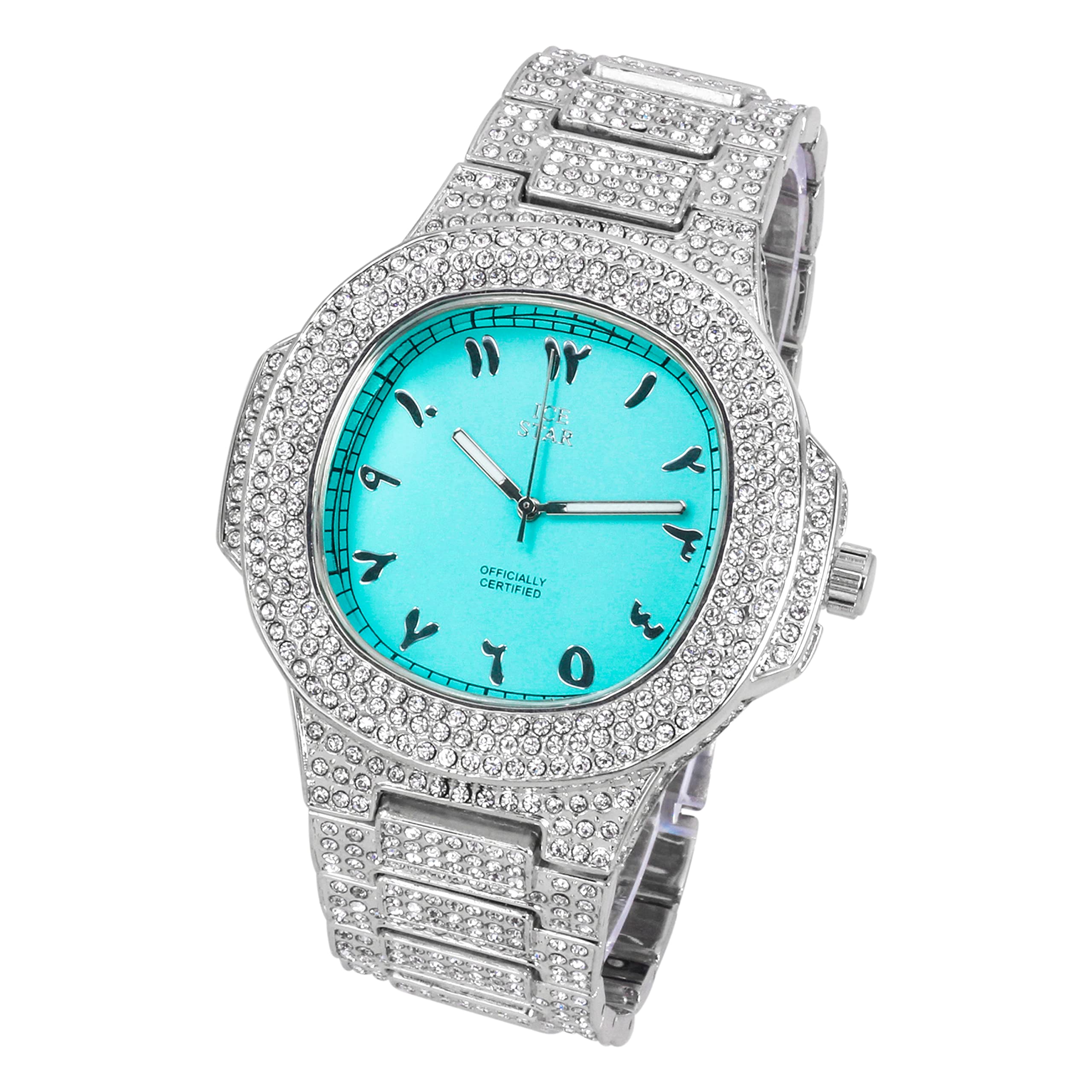 Men's Square Iced Out Watch 50mm Silver - Arabic Dial