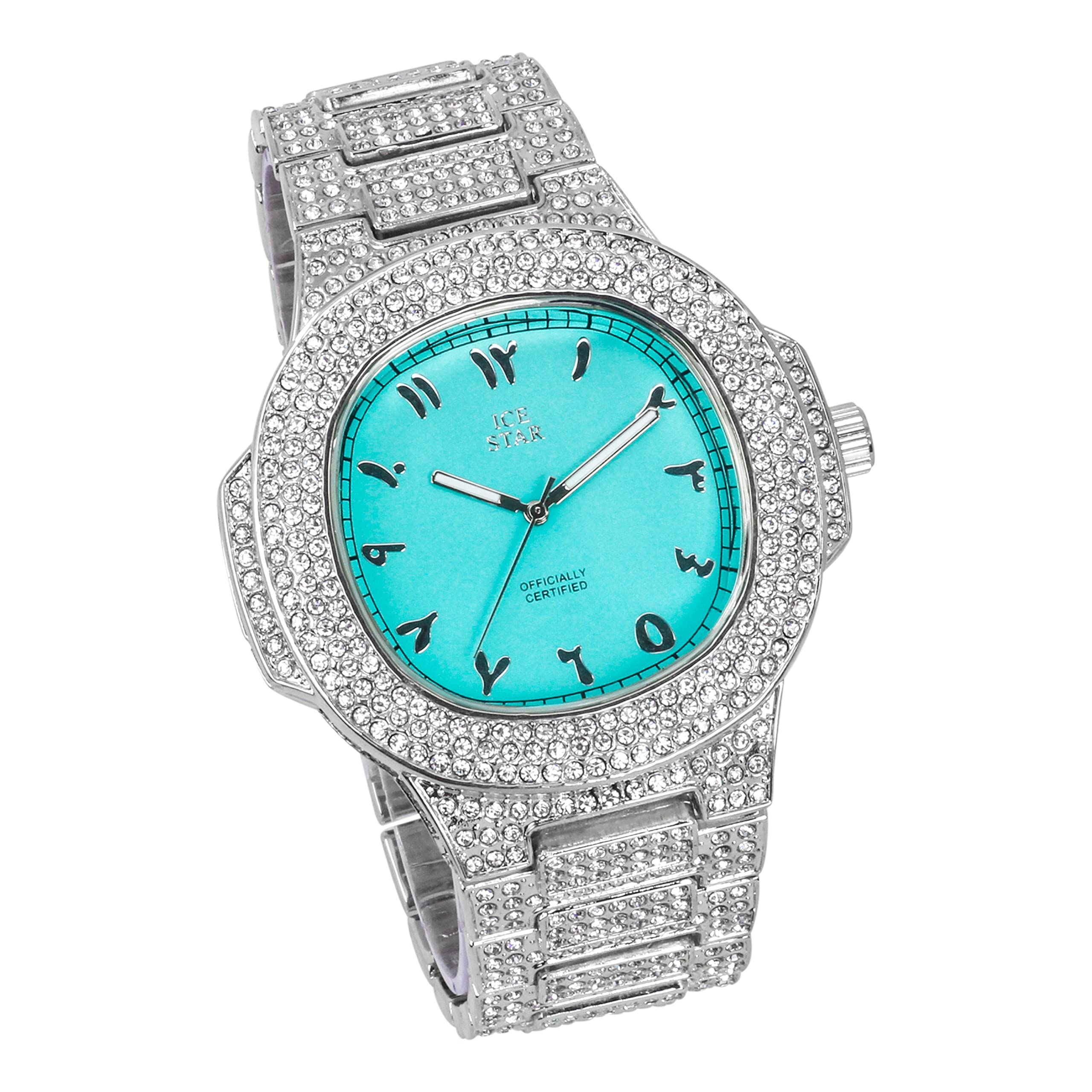 Men's Square Iced Out Watch 50mm Silver - Arabic Dial