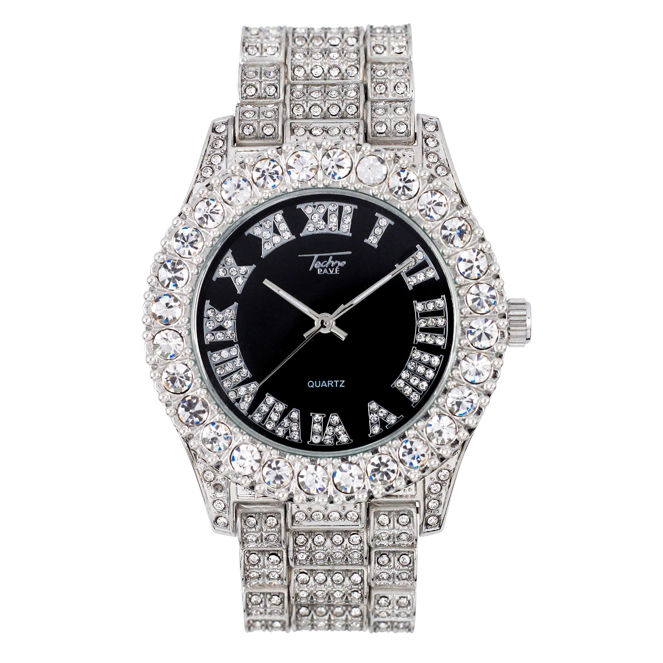 Men's Round Iced Out Watch 44mm Silver - Roman Dial