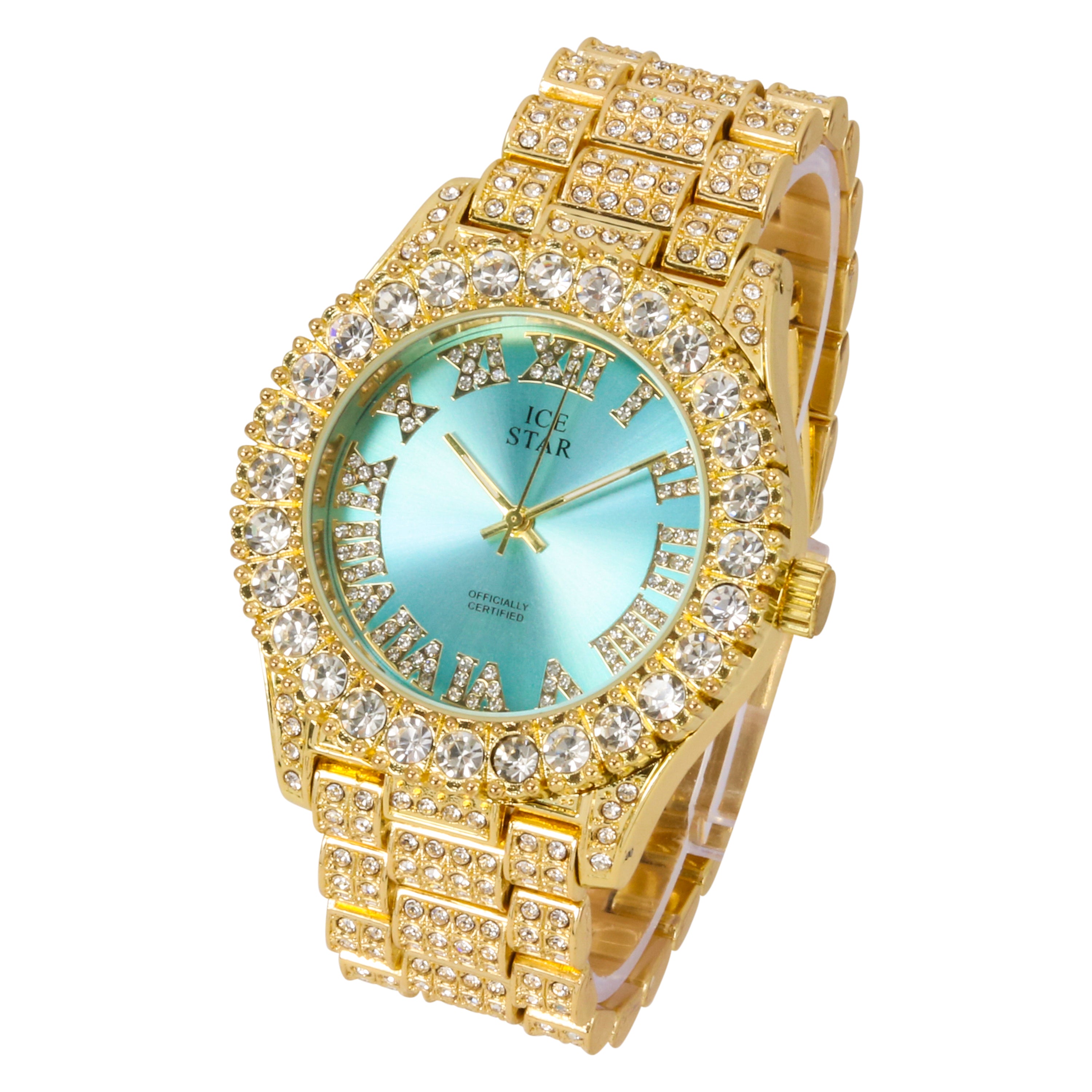 Women's Round Iced Out Watch 44mm Gold - Roman Dial