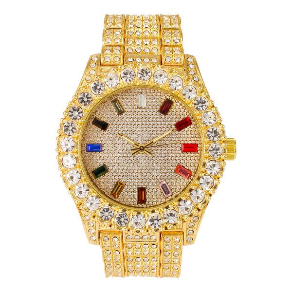 Urban Iced-Out Rainbow Dial 44mm Metal Band Watch - 8719R-MB