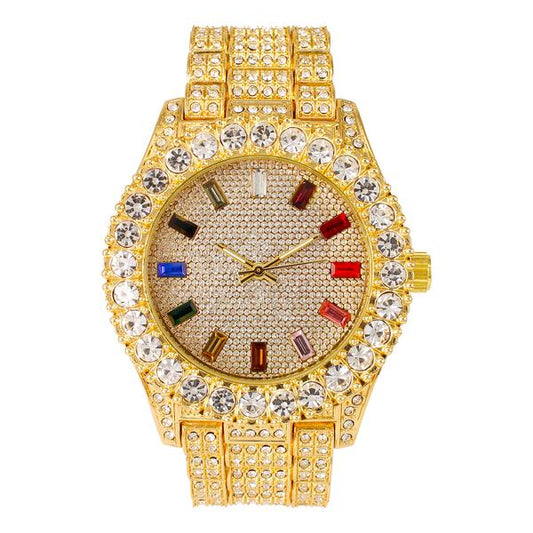 Urban Iced-Out Rainbow Dial 44mm Metal Band Watch - 8719R-MB