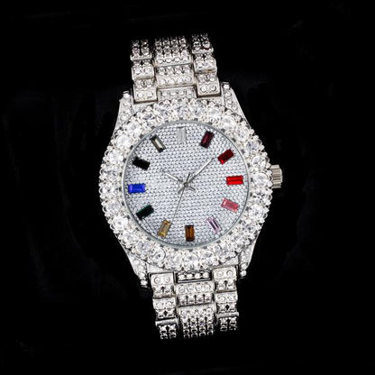 Urban Iced-Out Rainbow Dial 44mm Metal Band Watch - 8719R-MB