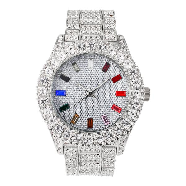 Urban Iced-Out Rainbow Dial 44mm Metal Band Watch - 8719R-MB