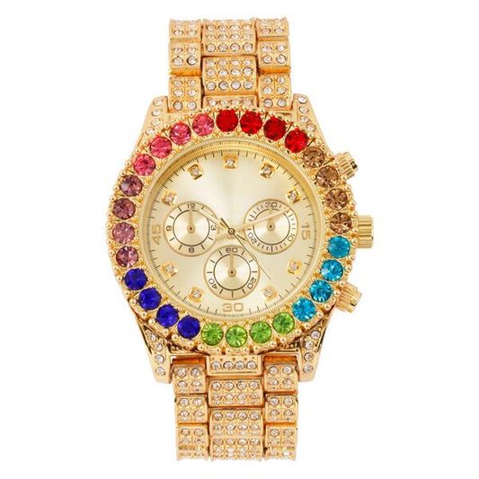 Urban Iced-Out Rainbow Dial 44mm Metal Band Watch - 8719R2-MB