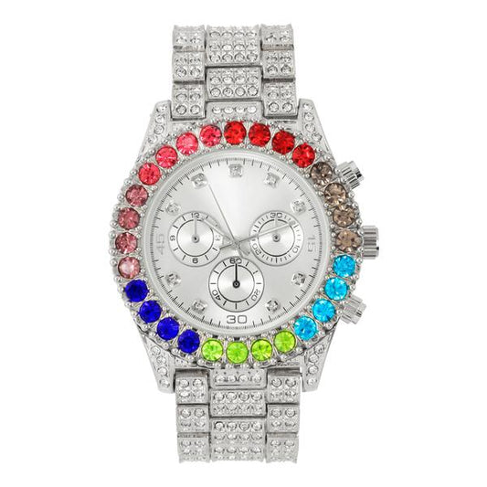 Urban Iced-Out Rainbow Dial 44mm Metal Band Watch - 8719R2-MB