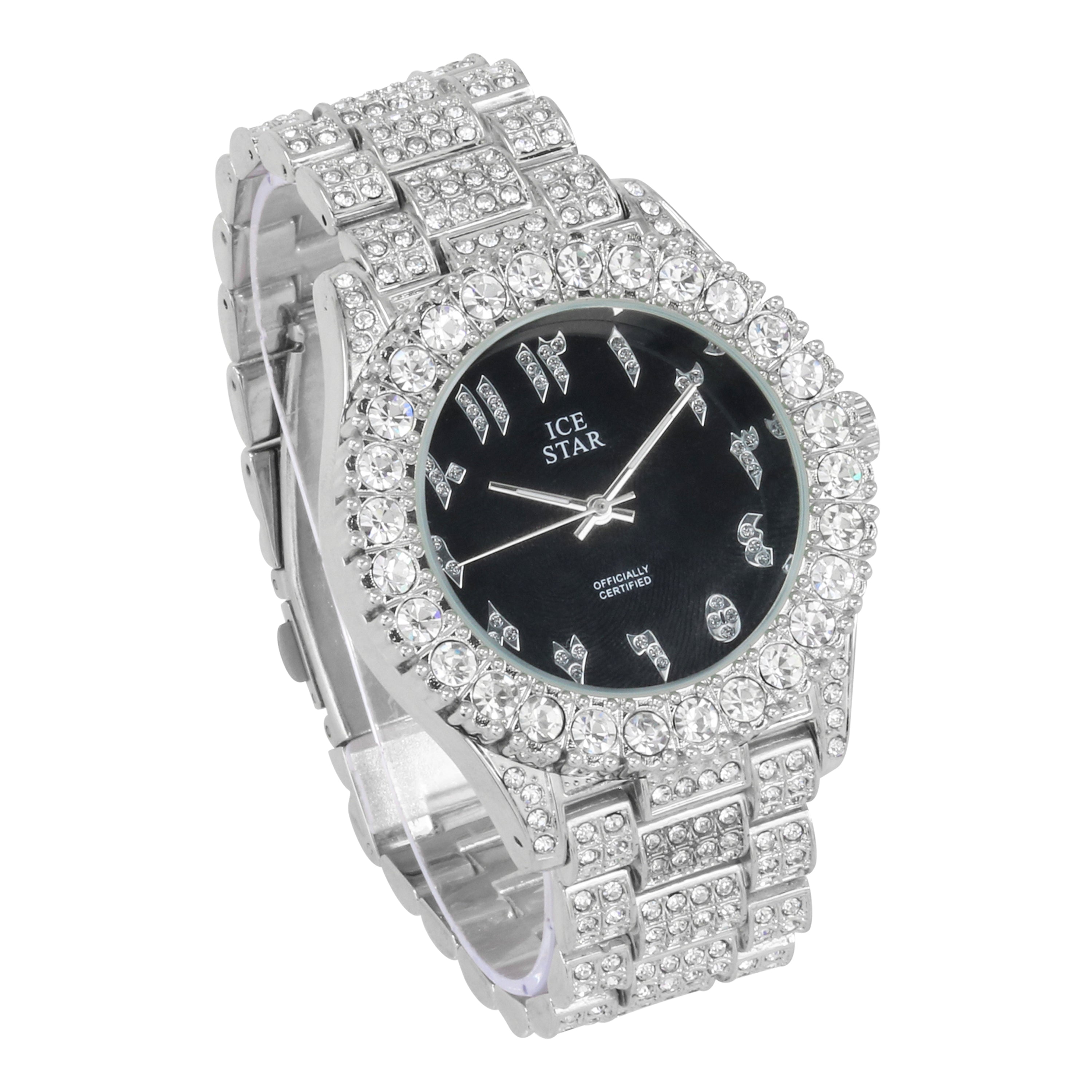 Men's Round Iced Out Watch 44mm Silver - Arabic Dial