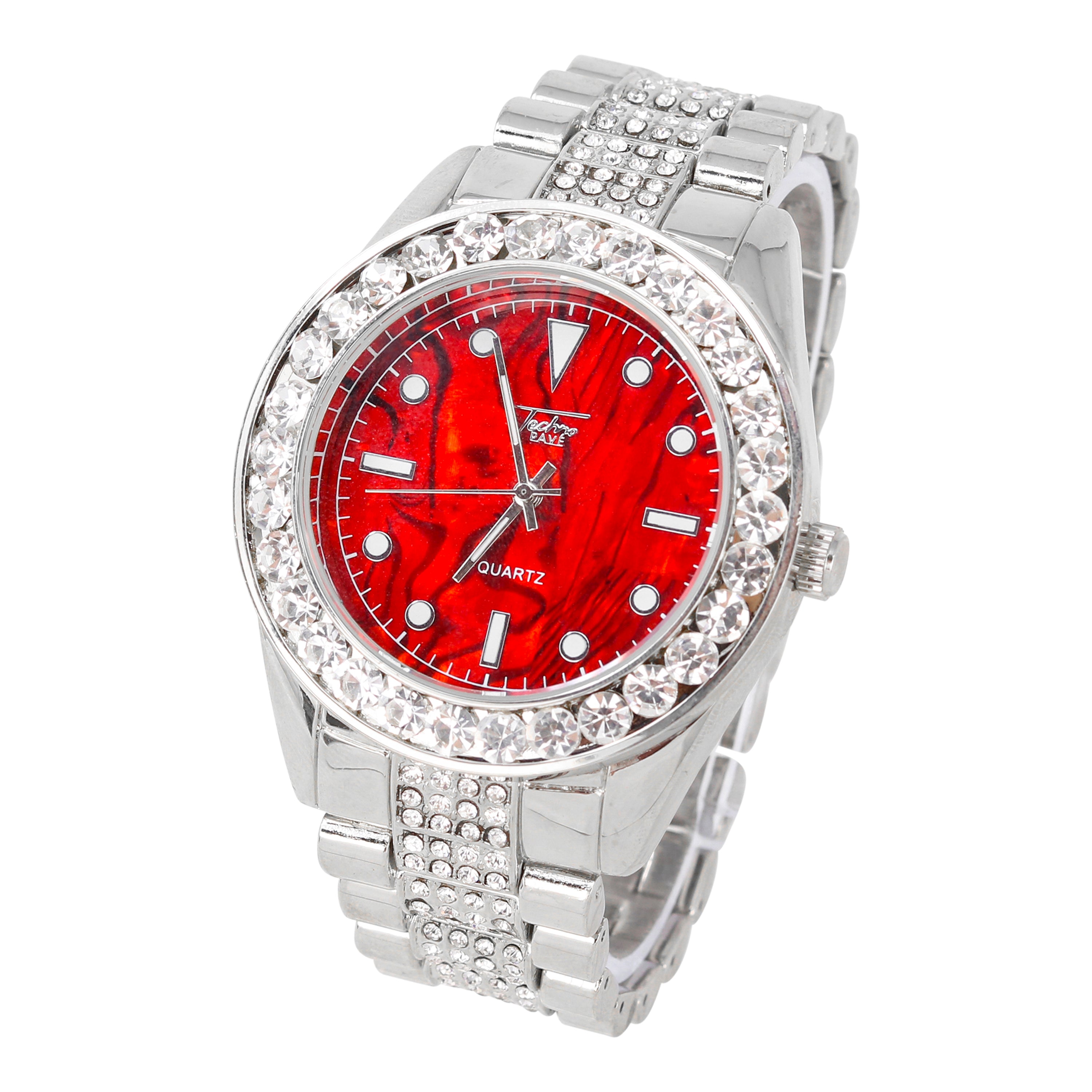 Men's Round Iced Out Watch 43mm Silver -  Marble Dial