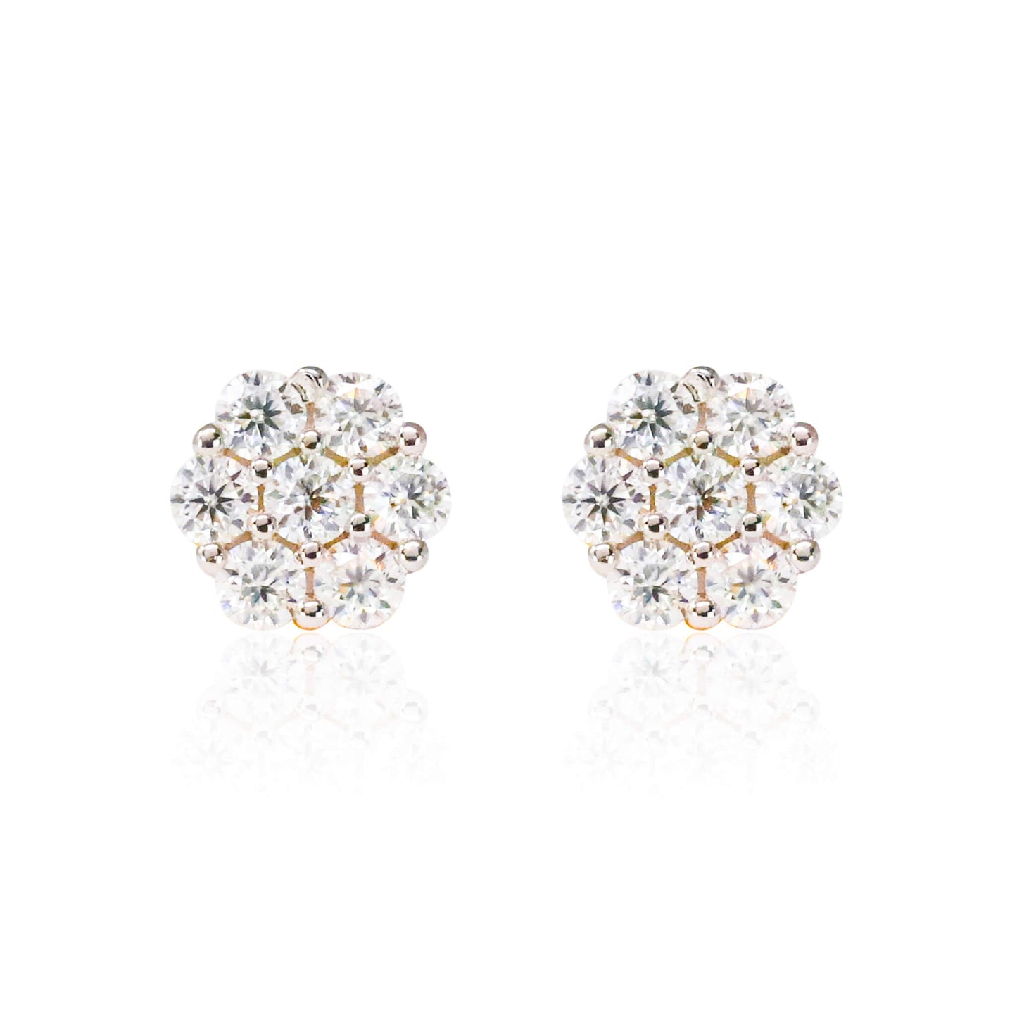 8mm floral moissanite cluster earrings in sterling silver with sparkling round stones.