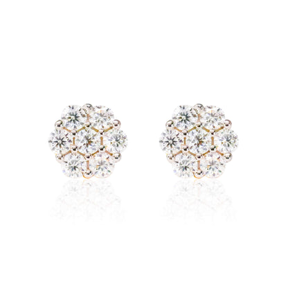 8mm floral moissanite cluster earrings in sterling silver with sparkling round stones.