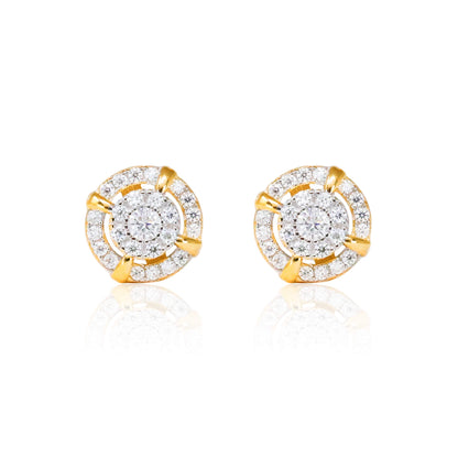 8mm halo moissanite cluster earrings in gold-plated sterling silver with round pavé diamonds.
