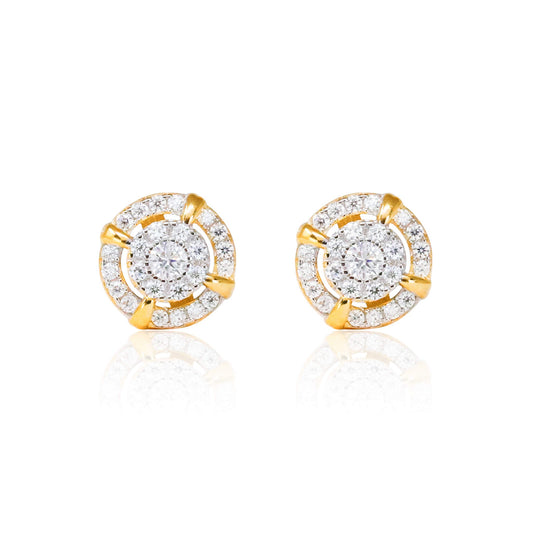 8mm halo moissanite cluster earrings in gold-plated sterling silver with round pavé diamonds.