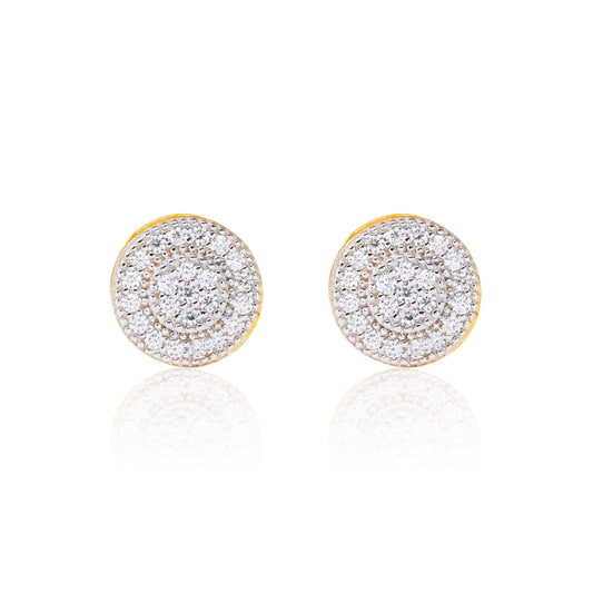 8mm moissanite cluster earrings in gold and pavé diamond circular design.